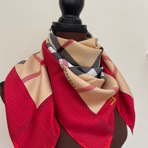 NWT Burberry Scarf Iconic Beige Check Red Border Silk Wrap - Picture 15 of 15